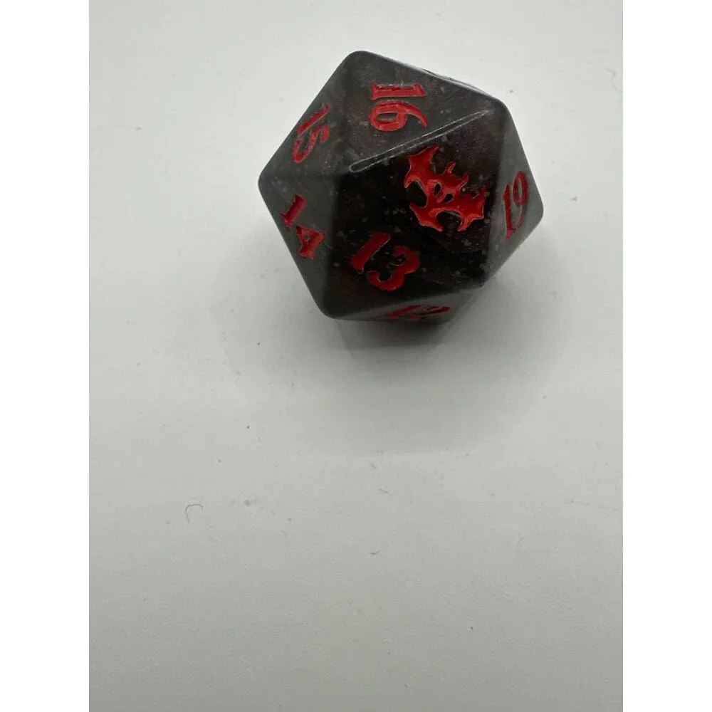 Handcrafted Dark Resin 20-Sided Dice With Crimson Numbers & Dragon Emblem For Ta